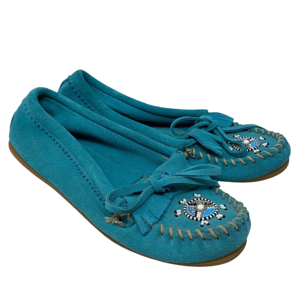 Minnetonka Shoes Womens 9 Turquoise Hand Beaded Fringe Kiltie Moc Toe Slip-On